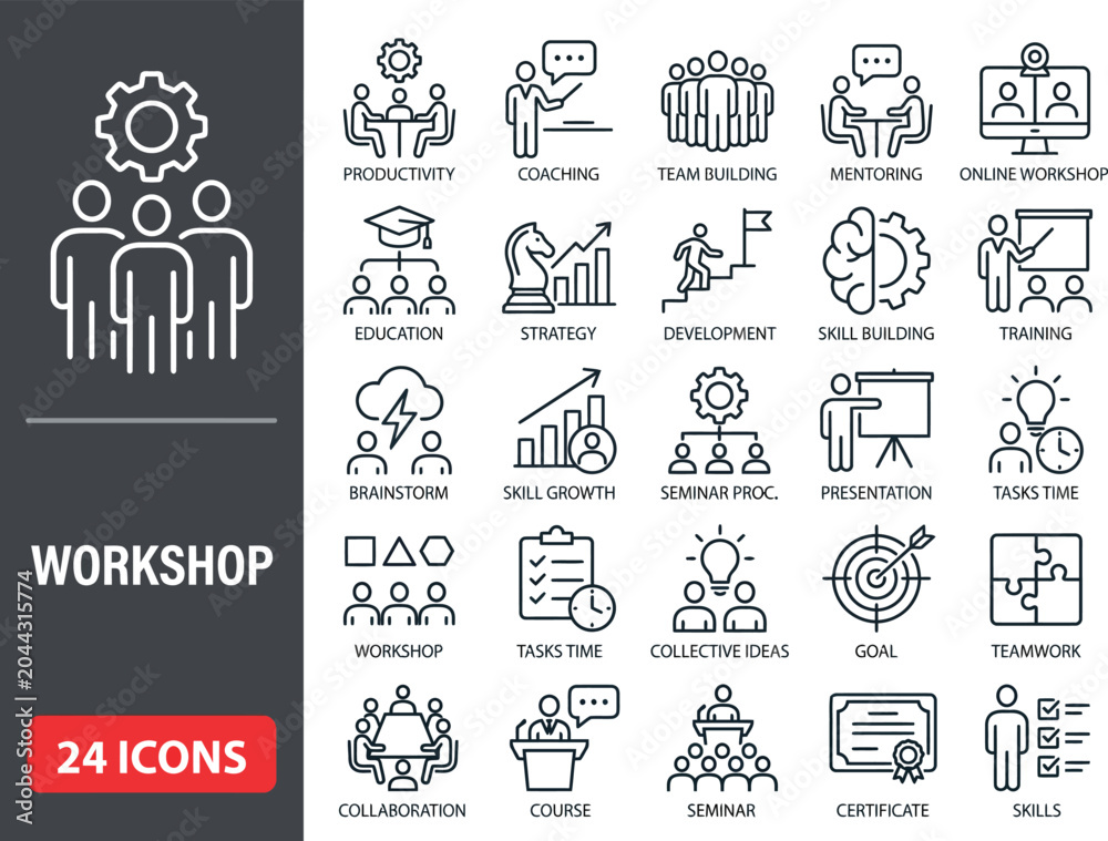 Fototapeta premium Workshop line icon set. Editable Stroke. Training, teamwork, coaching, goals, education, skill, seminar - stock vector.