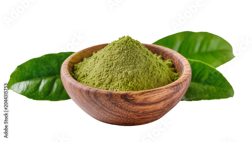 Bild auf Leinwand Green matcha powder in wooden bowl with leaves