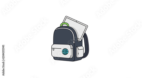 Backpack with laptop and green object.
