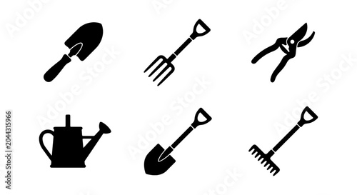 Foto Gardening Tools Icons Set: Shovel, Rake, Pruners, Fork, Trowel, Watering Can