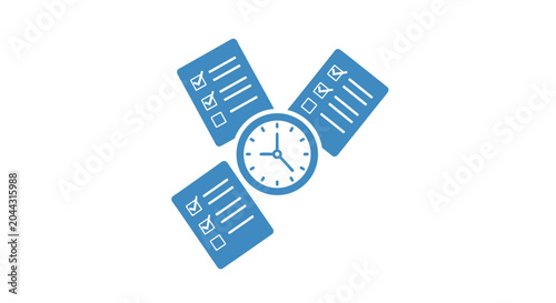 Blue clock with papers around it.