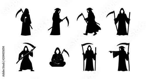 Fotografie Grim Reaper Silhouettes, Death Personification Icons, Halloween Character Vector
