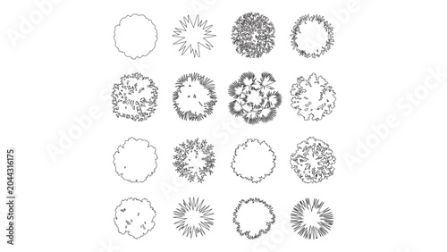 Artistic line drawing tree top view icons for creative landscape design and garden planning.