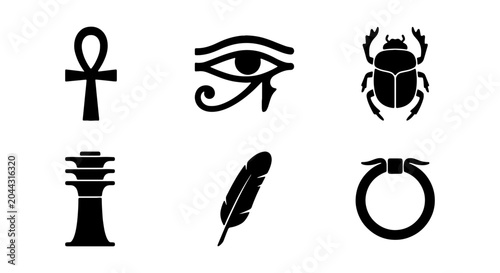 Photos Ancient Egyptian Symbols Vector Icons: Ankh, Eye of Horus, Scarab, Feather, Djed