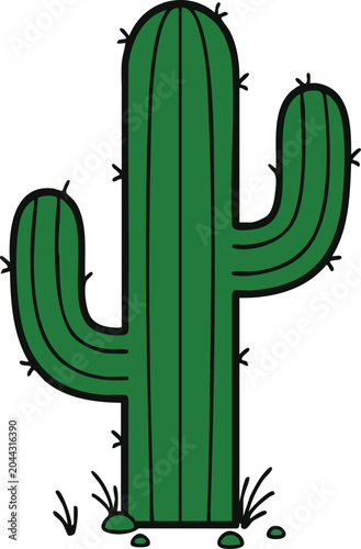 Cactus illustration features vibrant green tones with sharp dark line textures.