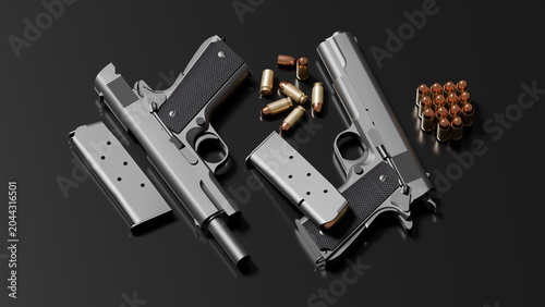 Fotografie Two handguns are shown with magazines and bullet casings on a dark background