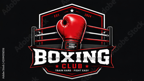 Boxing club logo design featuring a red glove and ring ropes in a stylized pixel art graphic style