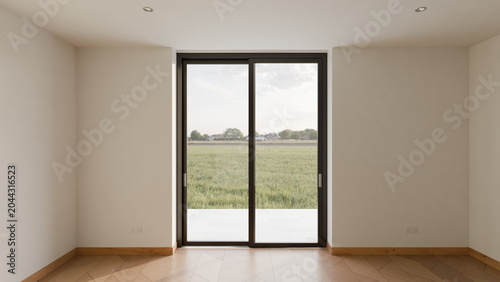 wide window offers a view of an open field outside. room is empty with plain walls and a simple floor. Sunlight comes in from the window creating a bright space. 3d render