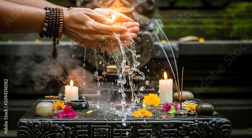 Hands washing in holy water during a traditional balinese purification ritual