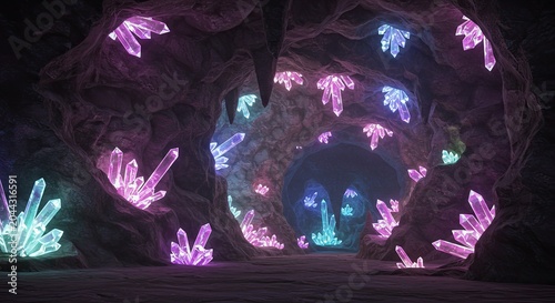 Glowing crystals illuminate the dark cave with vibrant colors emanating from formations.