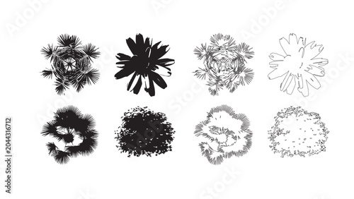 Set of black silhouette trees, palm and bush, top view element for architecture plan.