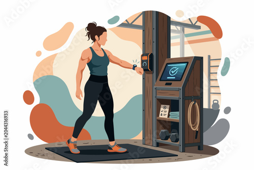 Gym Member Using Touchless Check-in Kiosk with Smartwatch