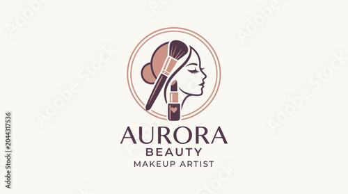 Quadro su tela Beauty Logo Design: Makeup Artist, Woman Profile, Brush, Lipstick