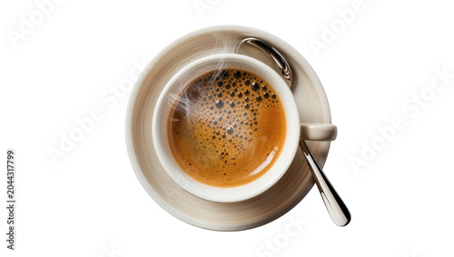 Billede på lærred Hot espresso coffee in white cup with crema and steam