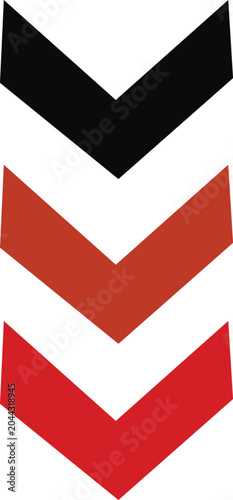 Three downward pointing chevrons in black orange and red stacked vertically isolated on transparent background