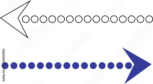 Two directional arrow graphics with circles one black outline and one solid blue isolated on transparent background