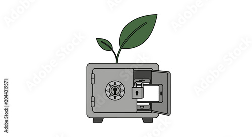 Gray safe with green plant growing.