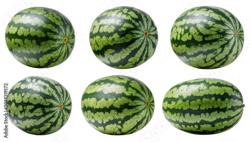 Fotografie Six whole watermelons with green striped rind