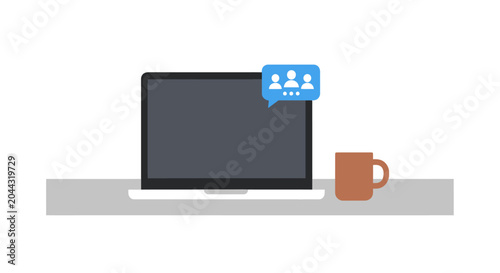 Laptop with notification and coffee cup.
