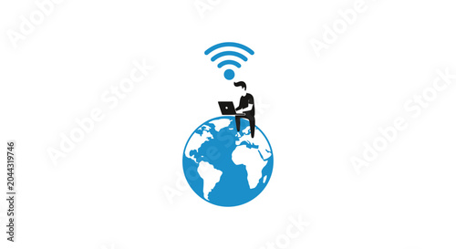 Man Sitting on Globe with Laptop.