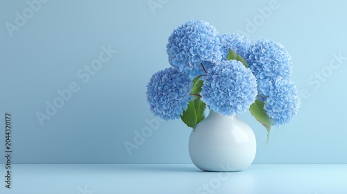 Blue Hydrangea Flowers in White Vase on Pastel Blue Background