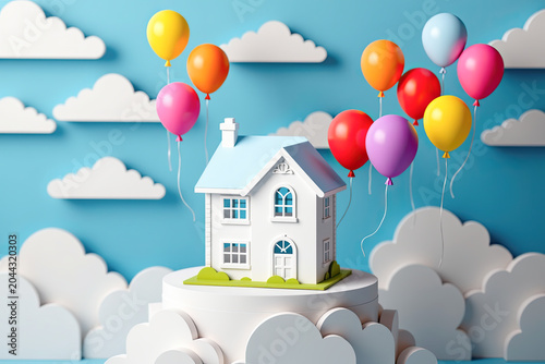 Whimsical Floating House with Colorful Balloons Sky