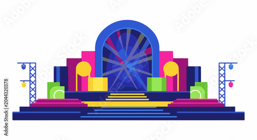 Vibrant, multi-layered stage with spotlights, steps, and geometric decorations