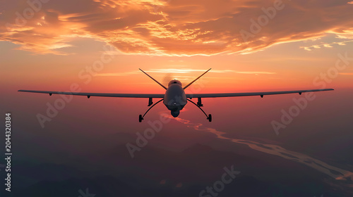 Unmanned Aerial Vehicle flying against a dramatic sunset sky