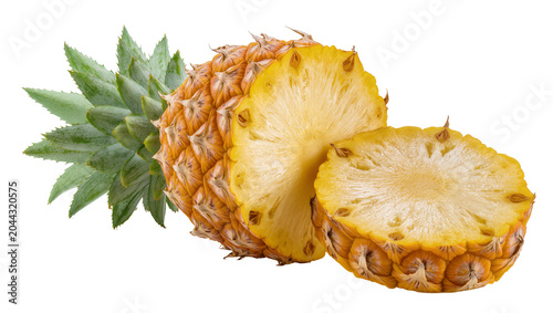 Φωτογραφία Pineapple halves with green leaves and textured rind