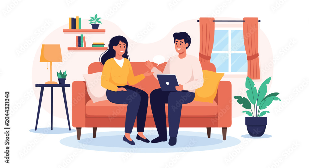 Fototapeta premium Man and woman having a comfortable conversation while sitting on a sofa in a modern living room with cozy home decor items.