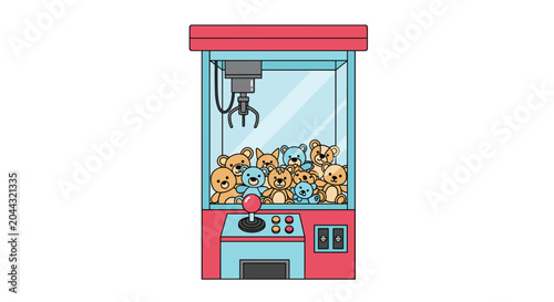 Colorful arcade claw machine filled with numerous blue and brown teddy bears waiting for a player to win a prize at the fair.