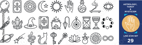 Quadro su tela Astrology tarot and mysticism vector line icon set with crystal ball zodiac signs moon sun runes
