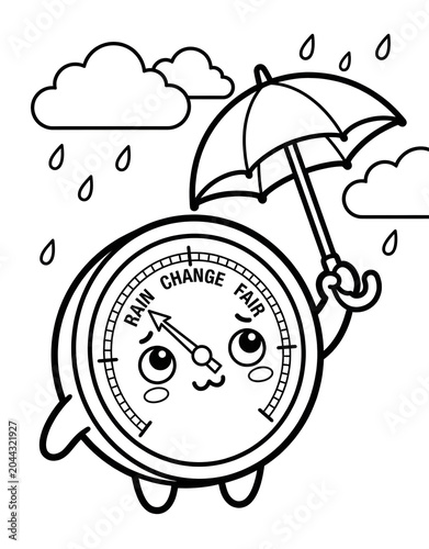 Cute barometer mascot looking heavy and sturdy, meteorology science cartoon outline illustration for kids coloring book.