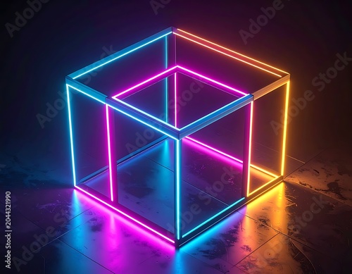 A neon-lit glass cube on a dark reflective surface