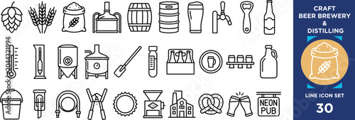 Schilderij op canvas Craft beer brewery and distilling icons for alcohol production, fermentation, brewing equipment and beverage serving