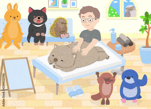 男性セラピストからマッサージを受けるウォンバットと、動物たち（タスマニアデビル、ハリモグラ、ワラビー、カモノハシ、リトルペンギン）	
