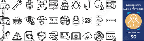 Cyber security hacking prevention icons for online threats, data breach defense, secure connections and digital surveillance.