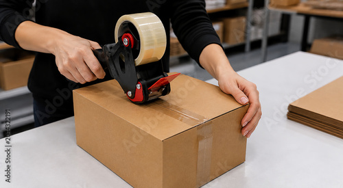 person receives a parcel at the post office, sends a parcel, packs a box close-up, empty space for text, template, photo frame, layout, banner