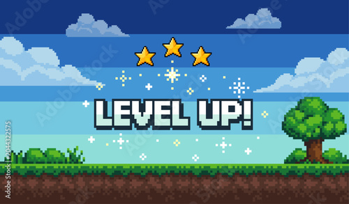 Pixel Art Game Background with Level Up Text and Three Stars. Game design concept in retro style. Vector illustration eps 10