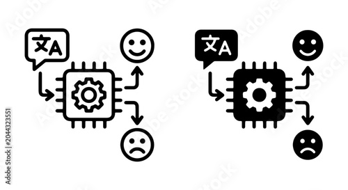 Foto AI language translation icons, artificial intelligence processor with sentiment