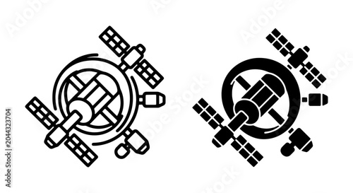 Photos Space station vector icons, orbital satellite research facility, black line and