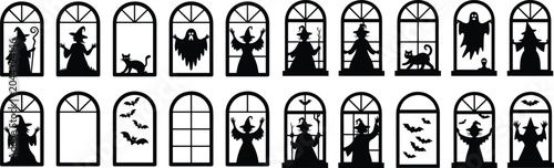 Cuadro en lienzo Modern Gothic Window Frame Bundle, Witches, Ghosts, and Bats Silhouette Graphics, Spooky Halloween Arched Window Silhouette Matrix, Haunted House Icon Set, vector, illustration, silhouette