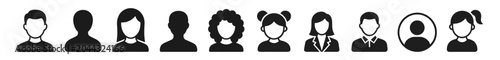 Set of diverse user profile avatars icons including male and female silhouettes with different hairstyles and clothing styles on transparent background