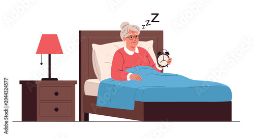 Elderly woman sleeping peacefully in her bed at night with a glowing bedside lamp and an alarm clock in her wrinkled hand.