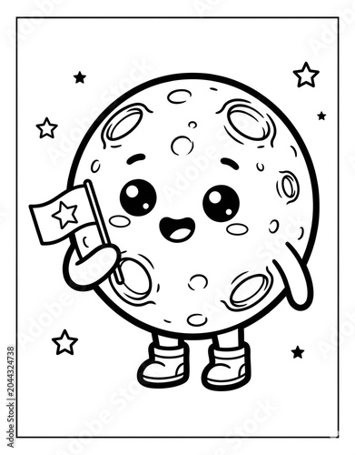 Cute moon character holding a flag, astronomy science cartoon outline illustration for kids coloring book.
