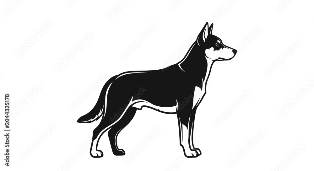 Fototapeta premium Black and white dog silhouette standing on white.