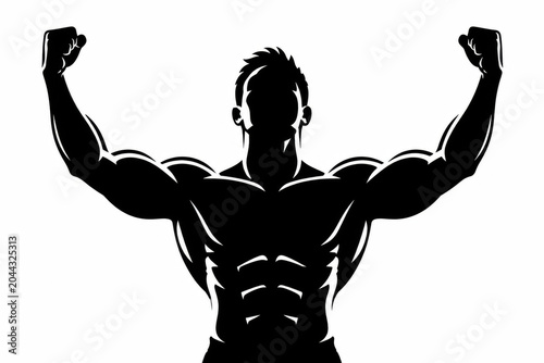 Strong muscular man silhouette posing with arms raised up high showing powerful athletic body shape
