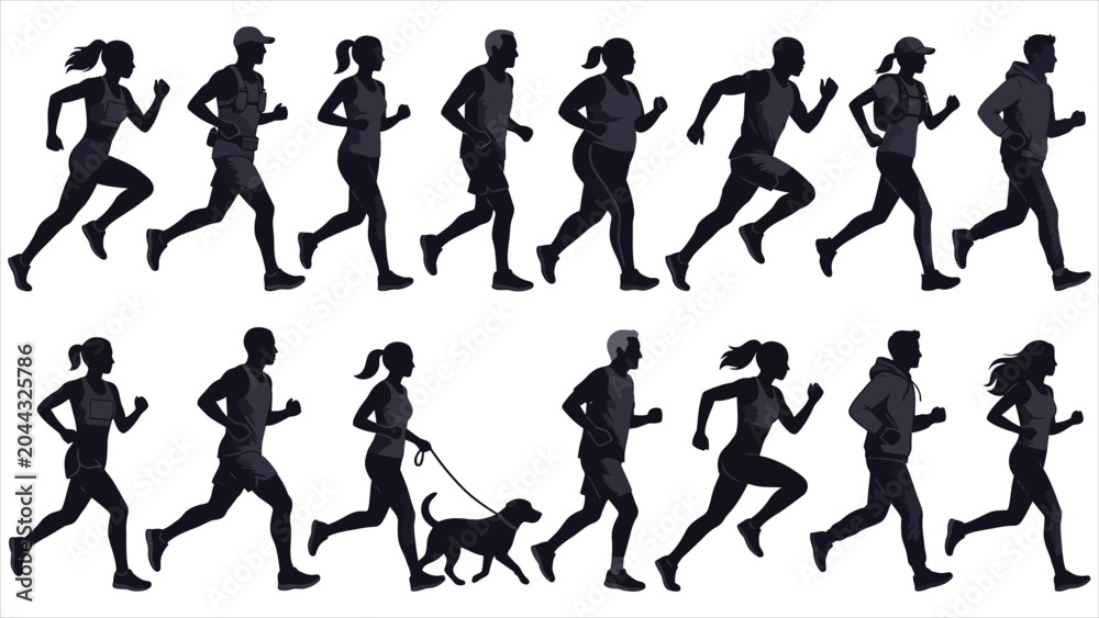 Obraz premium Flat Vector Marathon Runners & Diverse Jogging Characters..