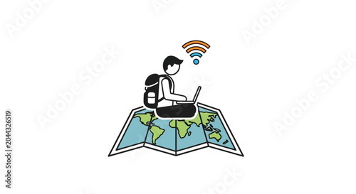 Young traveler with laptop on world map.