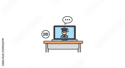 Graduate on computer screen talking.